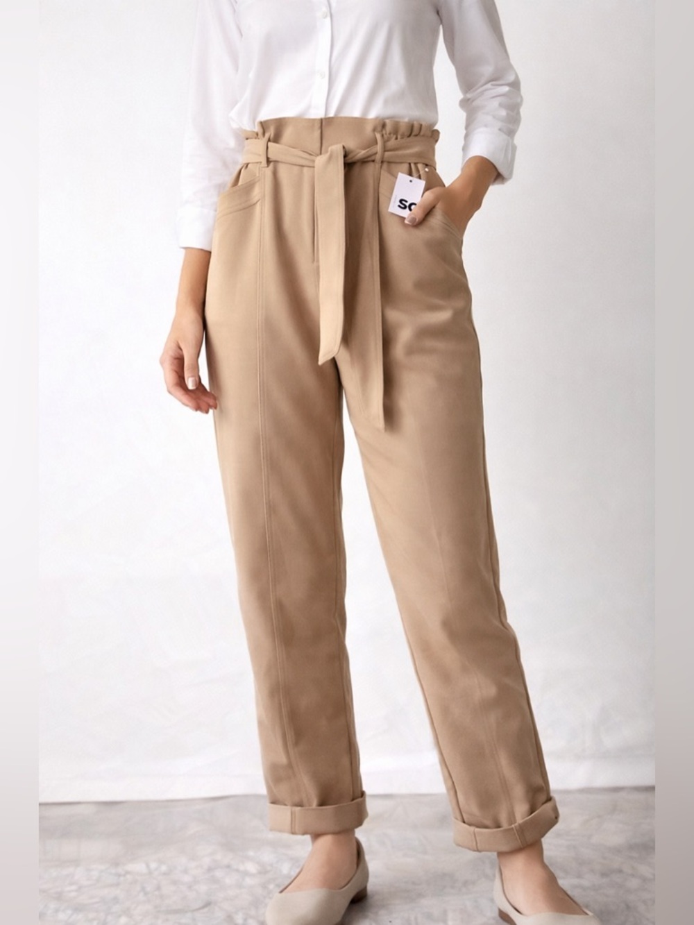 SO High Waisted Paperbag Pants Women Small Beige Tie Waist Dressy Casual NWT
